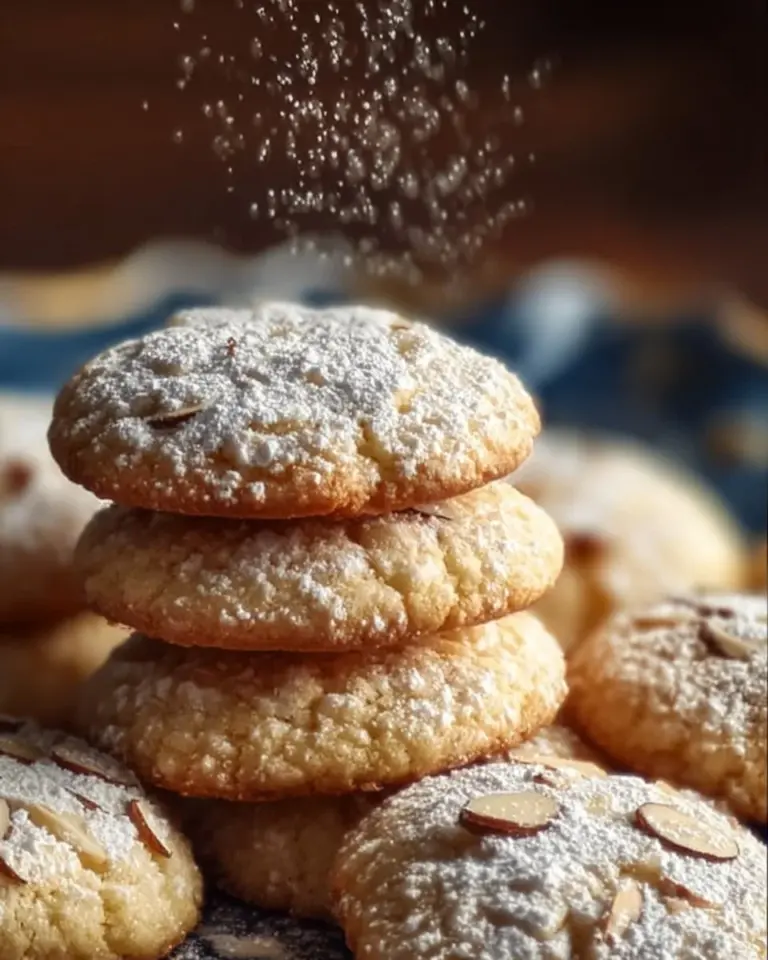 Plate of freshly baked almond cloud cookies with a light, fluffy texture.
