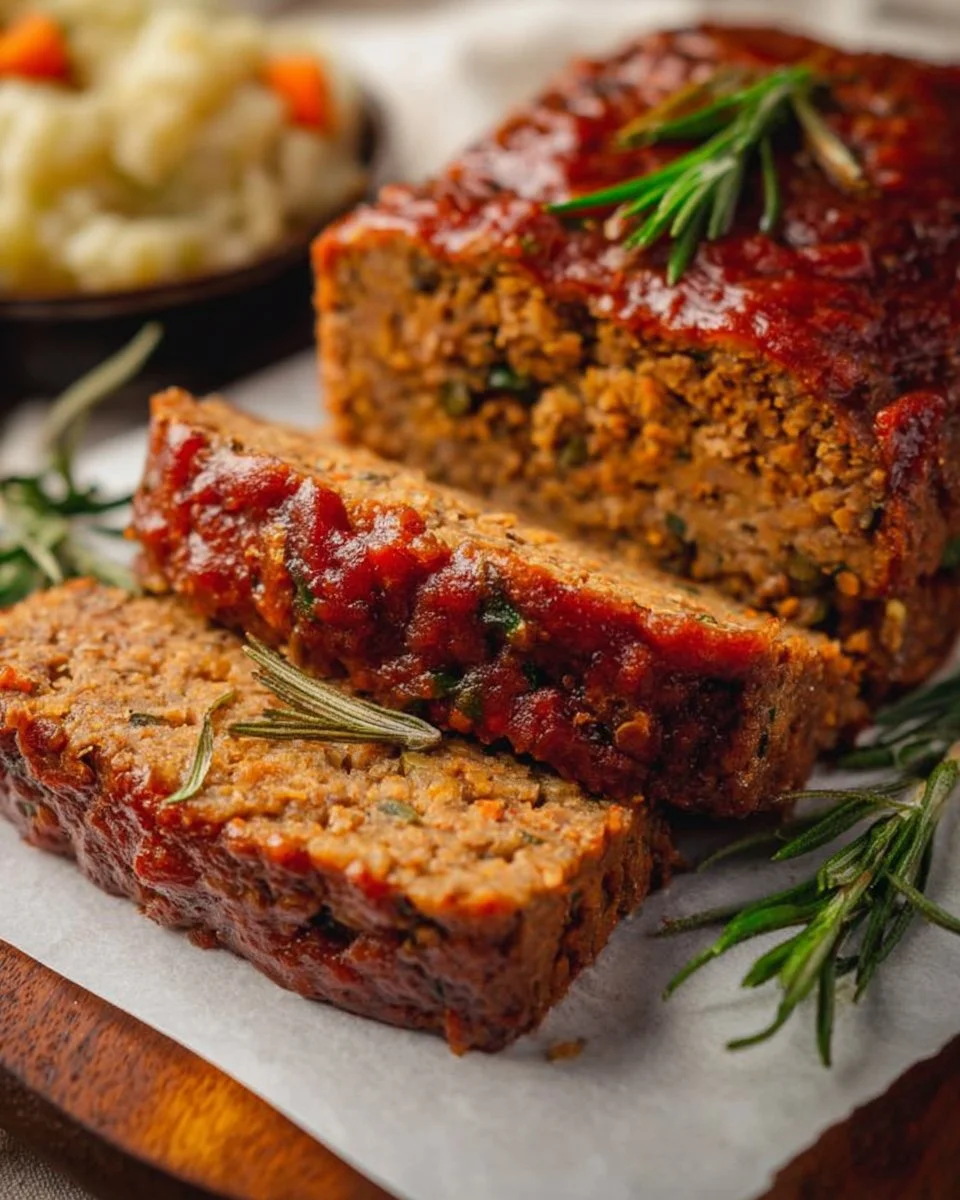 Delicious homemade chickpea vegan meatloaf served on a plate with herbs