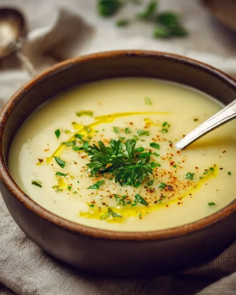 Bowl of creamy potato leek soup garnished with fresh herbs.