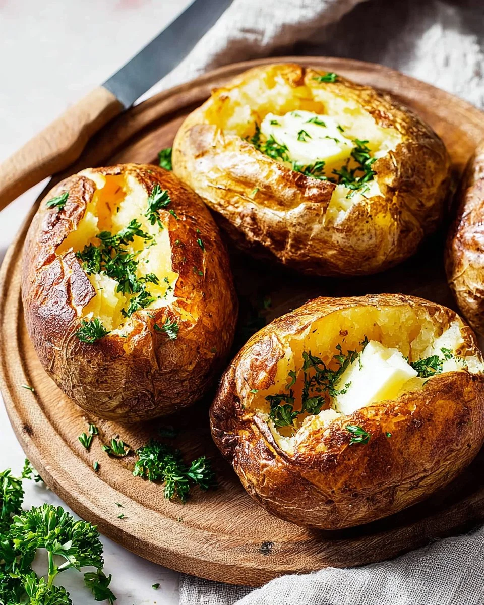 Crispy air fryer baked potatoes topped with herbs and served on a plate.