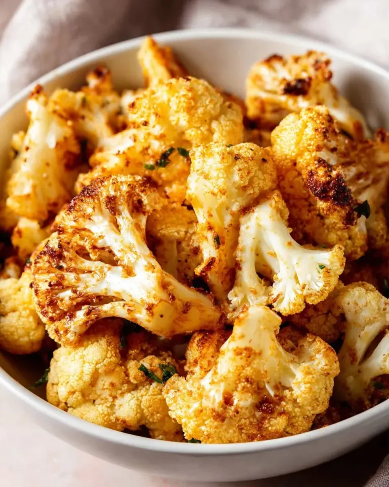 Crispy air fryer cauliflower garnished with herbs and spices on a plate.