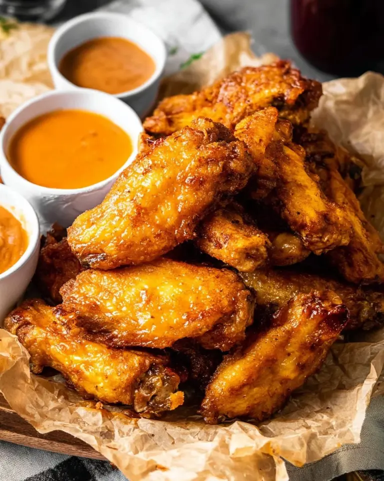 Crispy air fryer chicken wings served with dipping sauce on a game day table.