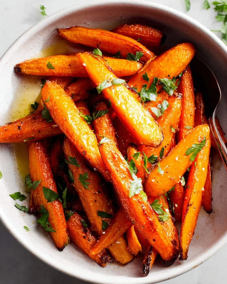 Crispy air fryer carrots topped with herbs and spices, perfect side dish