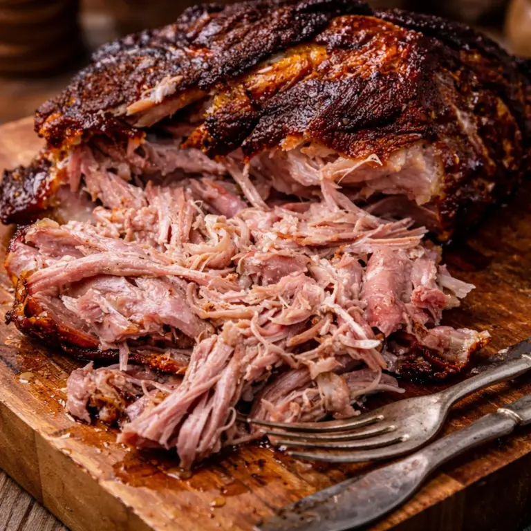 Cooked Pork Boston Butt with spices, ready for serving pulled pork dishes.