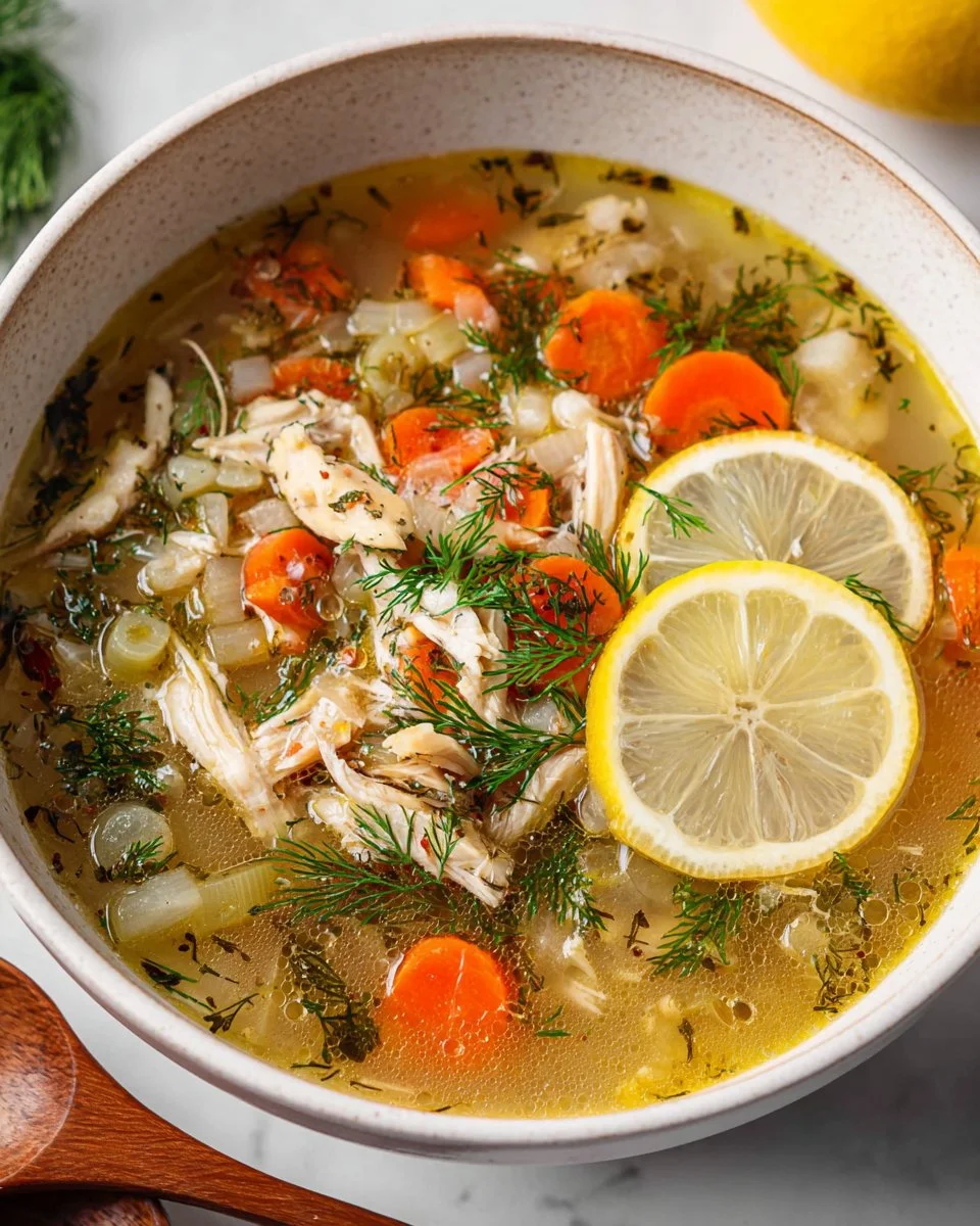 Bowl of delicious lemon chicken orzo soup with fresh herbs and lemon slices.