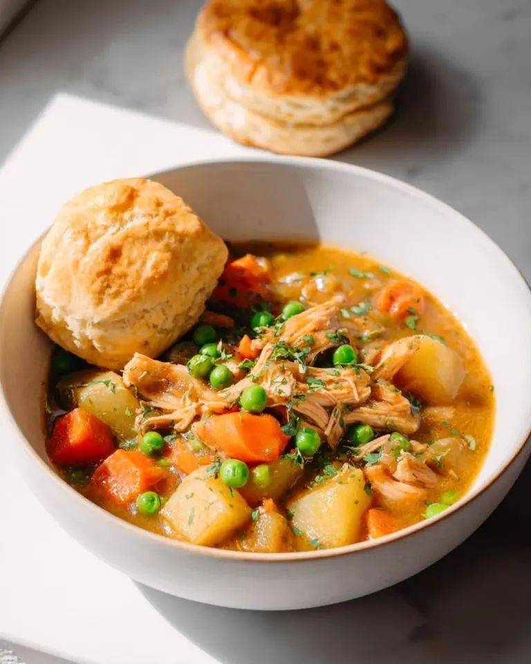 Bowl of hearty slow cooker chicken stew with vegetables and herbs