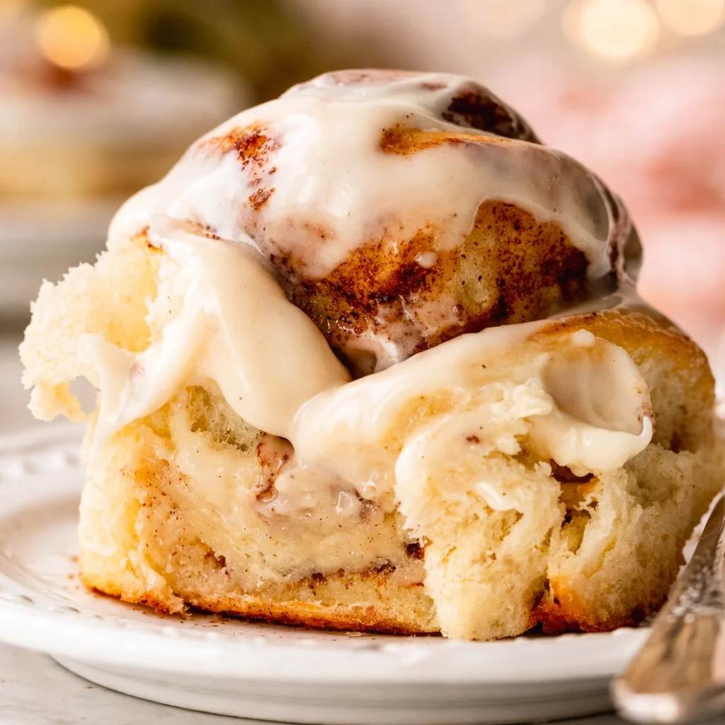 Delicious homemade cinnamon rolls topped with creamy icing and cinnamon swirls.