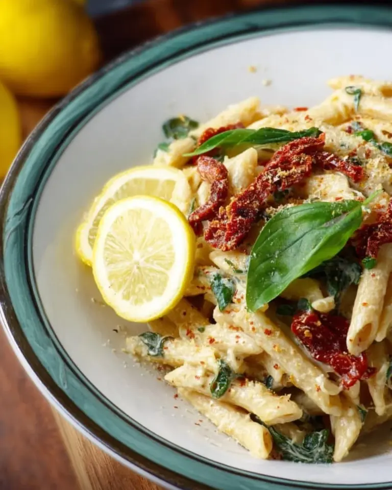 Delicious Hummus Pasta with sun-dried tomatoes, basil, and lemon served in a bowl