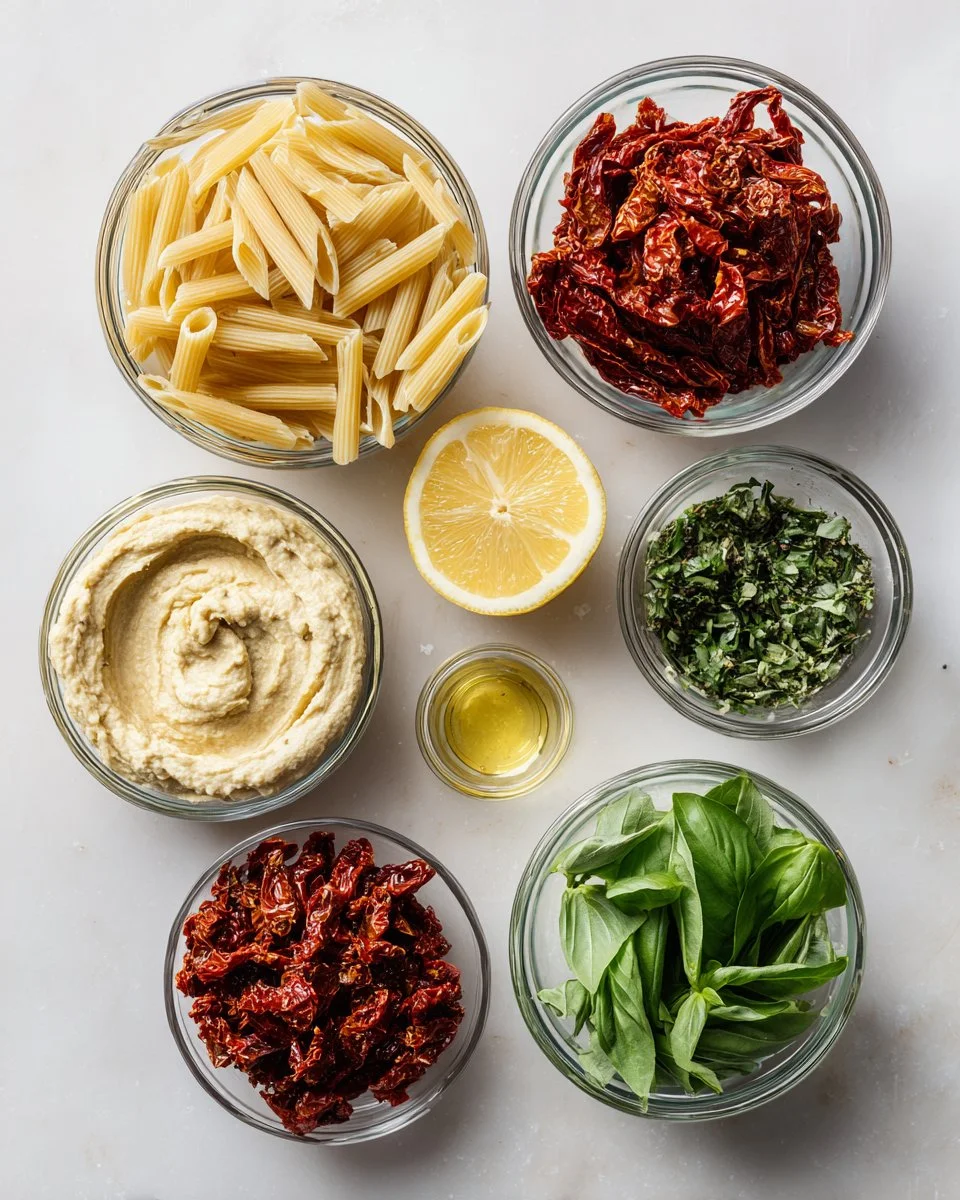 Hummus Pasta with Sun-Dried Tomatoes, Basil, and Lemon