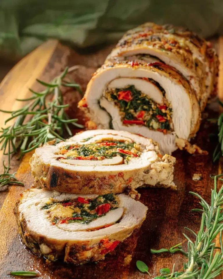 Deliciously stuffed pork tenderloin garnished with herbs and spices