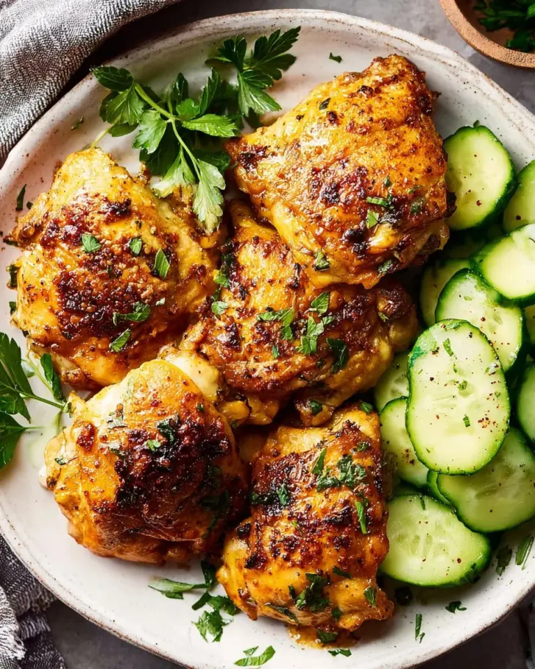 Crispy air fryer chicken thighs served on a plate, garnished with herbs.