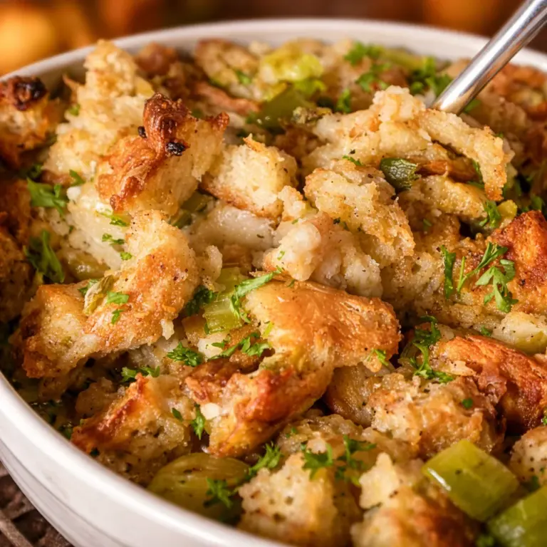 Baked Grandma's Thanksgiving Turkey Stuffing served in a classic dish.