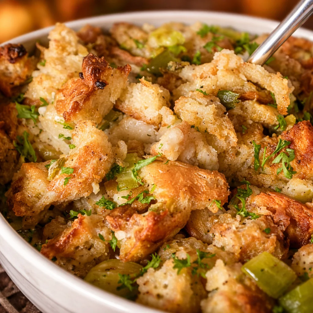 Baked Grandma's Thanksgiving Turkey Stuffing served in a classic dish.