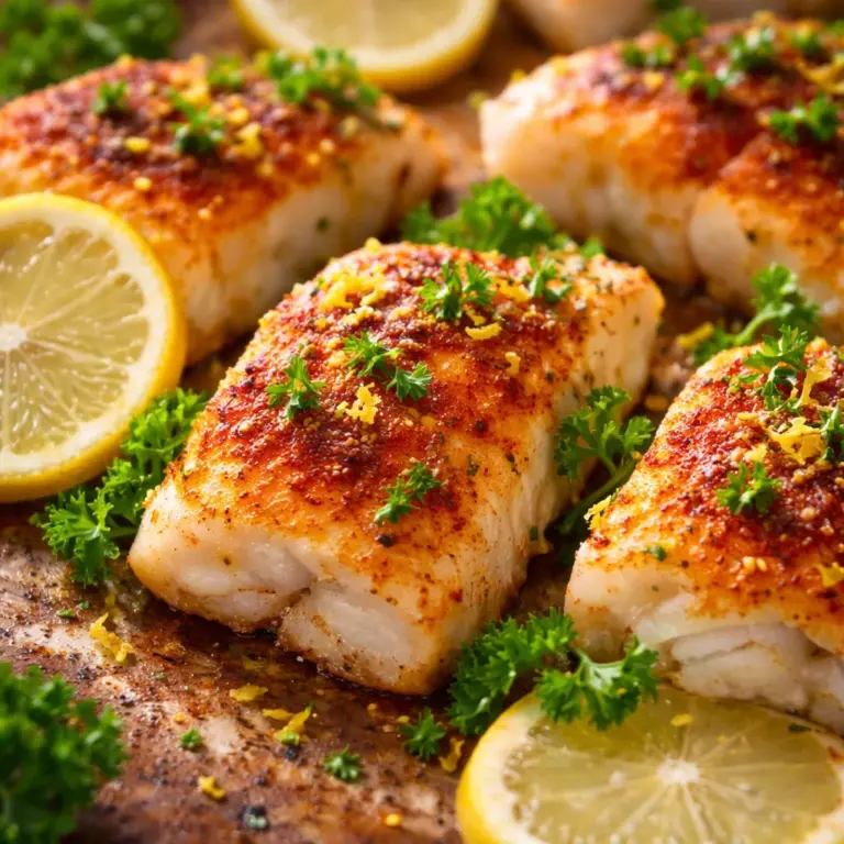 Delicious baked cod fillet topped with garlic butter sauce and lemon slices.