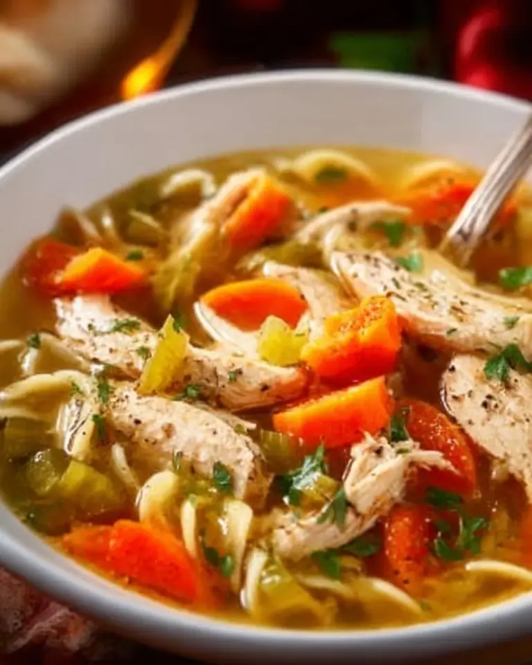 Bowl of savory rotisserie chicken noodle soup with fresh vegetables and noodles