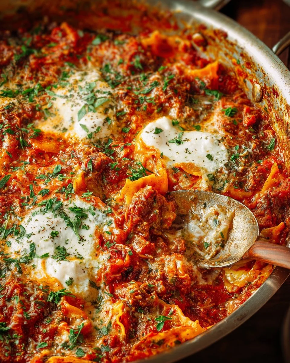Delicious skillet lasagna served in a cast iron pan, topped with cheese and herbs.