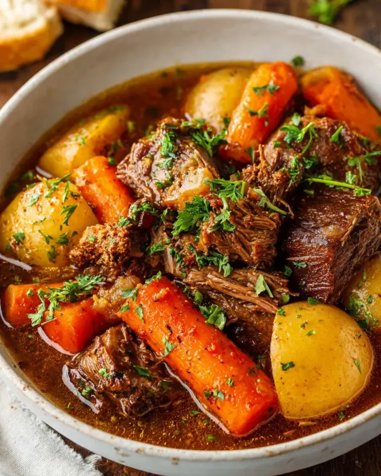 Delicious slow cooker pot roast served with vegetables on a plate