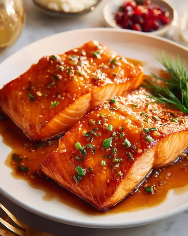 Delicious honey glazed salmon served on a plate with vegetables