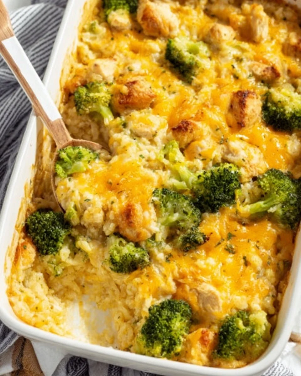 Cheesy chicken broccoli rice casserole dish ready to serve