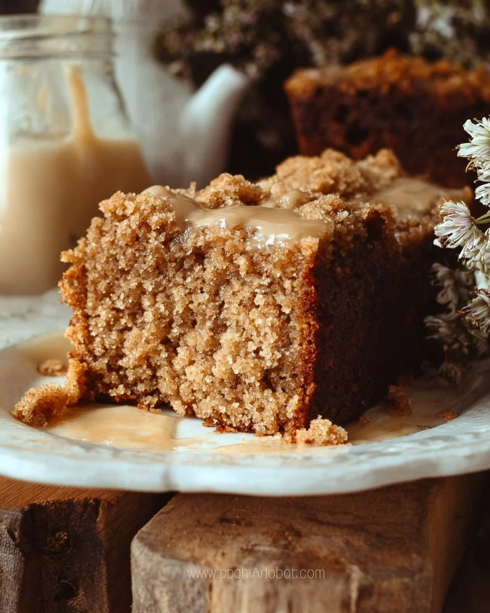 Vegan Applesauce Cake topped with fresh apples and cinnamon in a rustic setting.