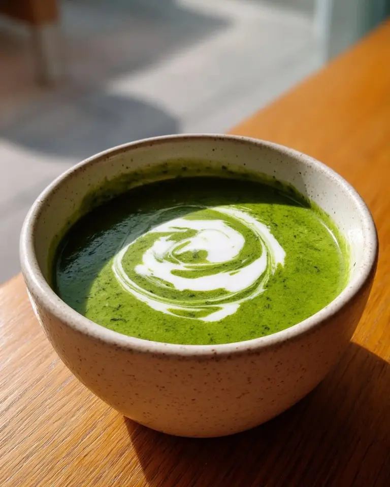 30-minute magical sorrel soup in a bowl garnished with fresh herbs