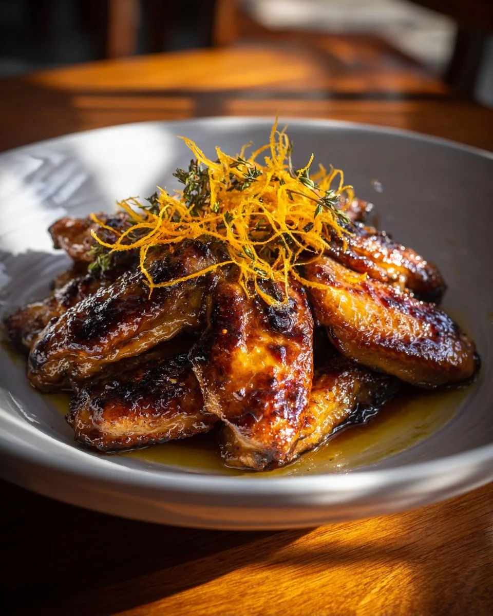 Plated Duck à l’Orange with a rich sauce and garnishes