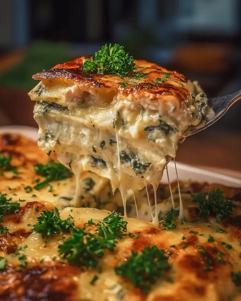 Delicious Alfredo Chicken Lasagna with layers of chicken and creamy sauce