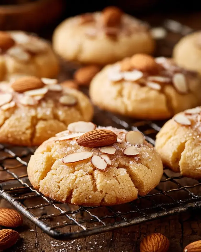 Freshly baked almond cookies on a cooling rack