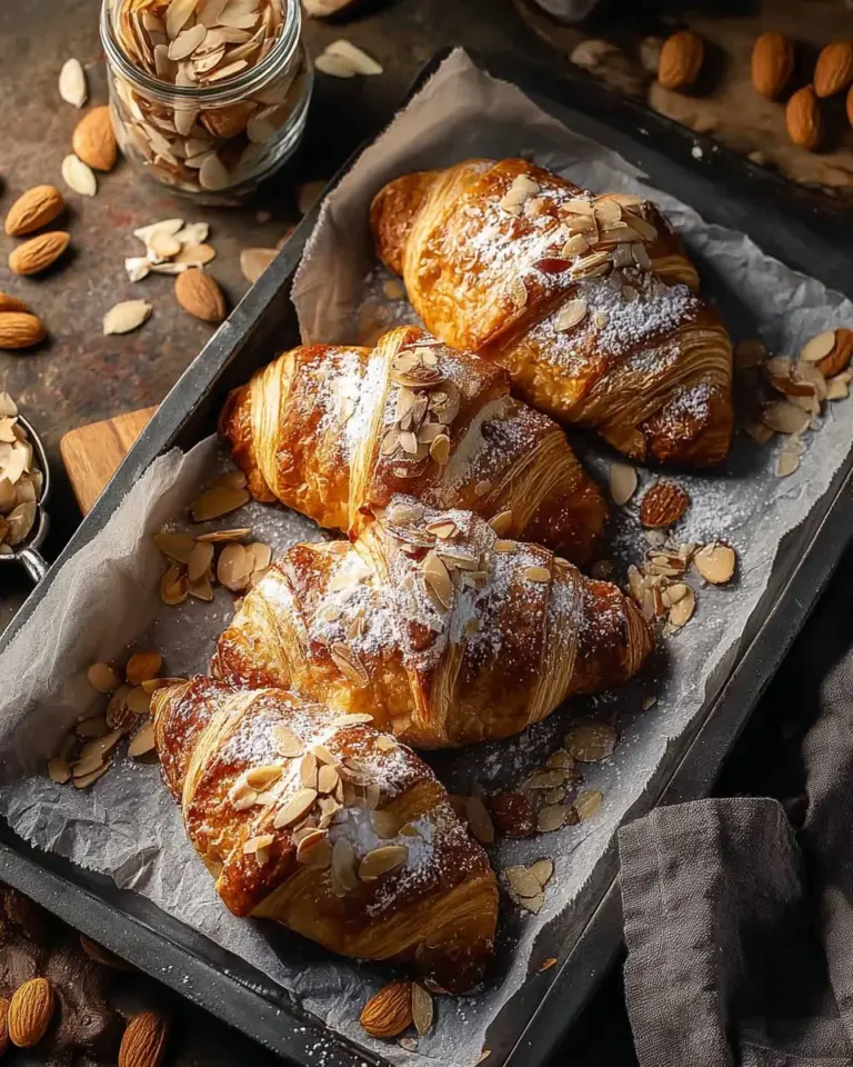 Freshly baked almond croissants with almond cream filling