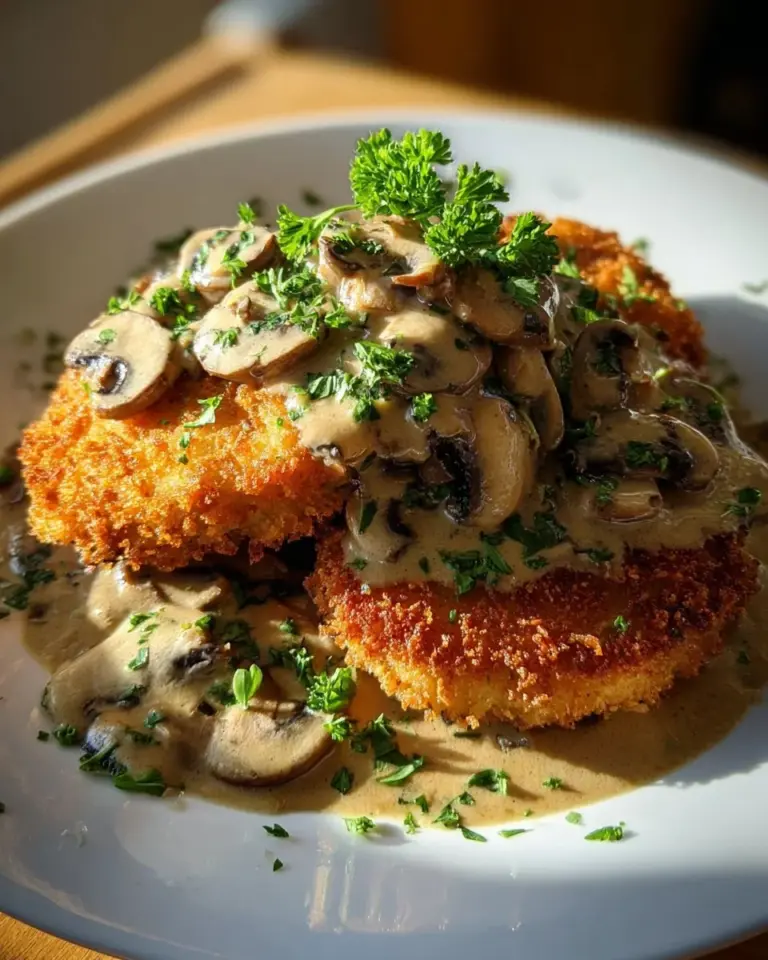 Creamy schnitzel dish topped with a creamy mushroom sauce