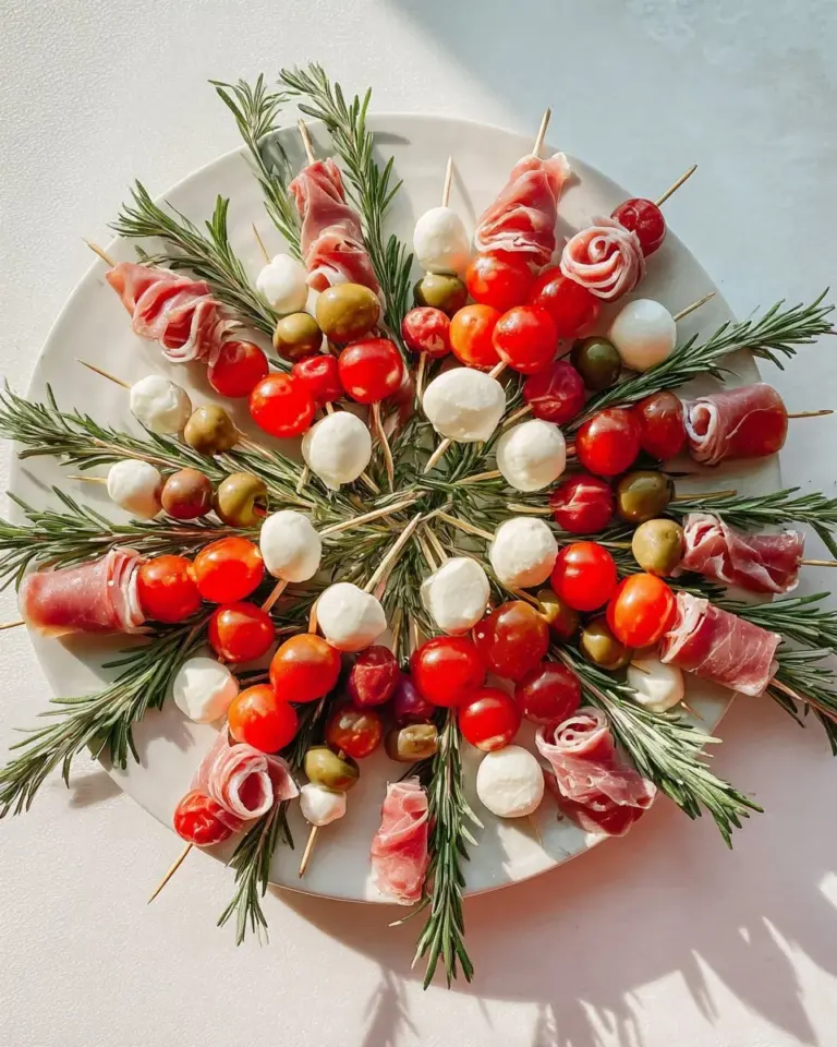Delicious Antipasti Christmas Wreath filled with cheeses, cured meats, and fresh veggies.