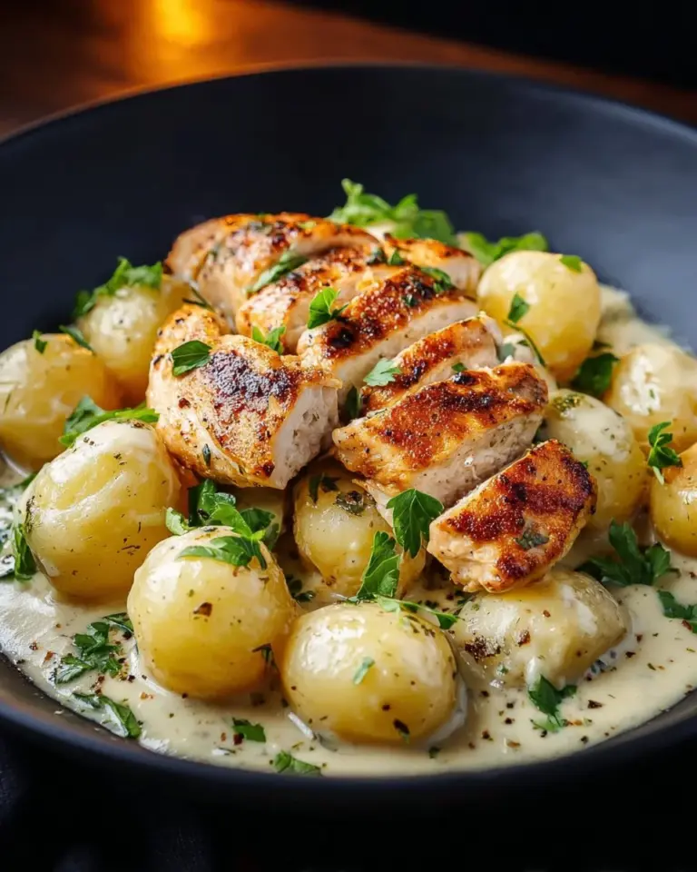 Creamy Asiago chicken served with gnocchi, garnished with herbs.