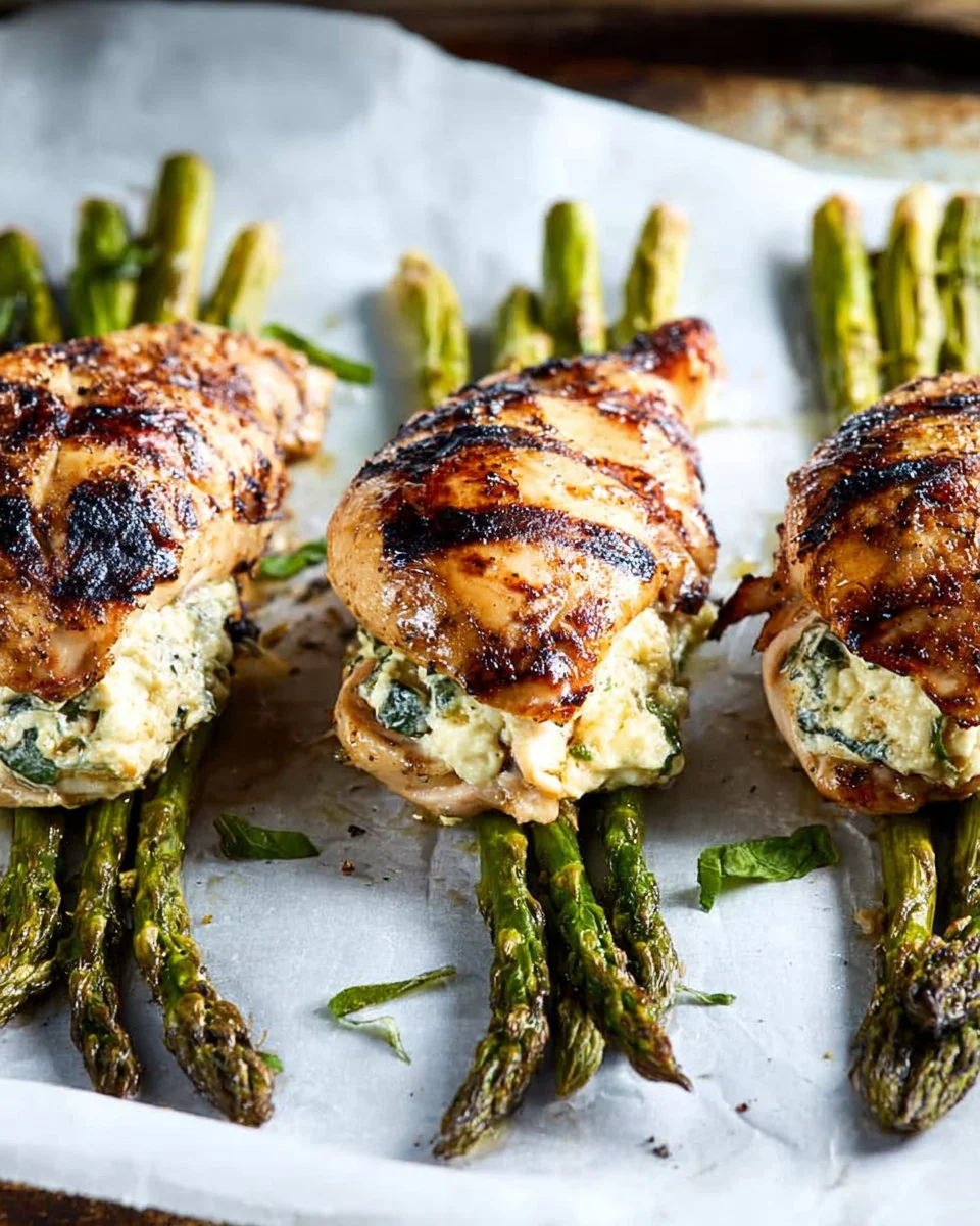 Asparagus stuffed chicken breasts ready to serve with vibrant herbs and spices.