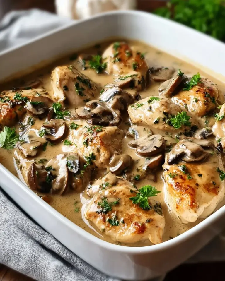 Baked chicken stroganoff with creamy sauce served in a bowl