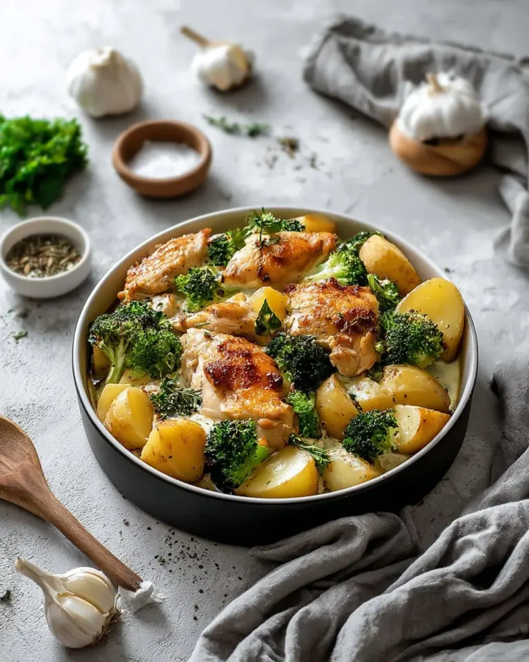 Baked Potato Chicken and Broccoli Casserole served in a dish