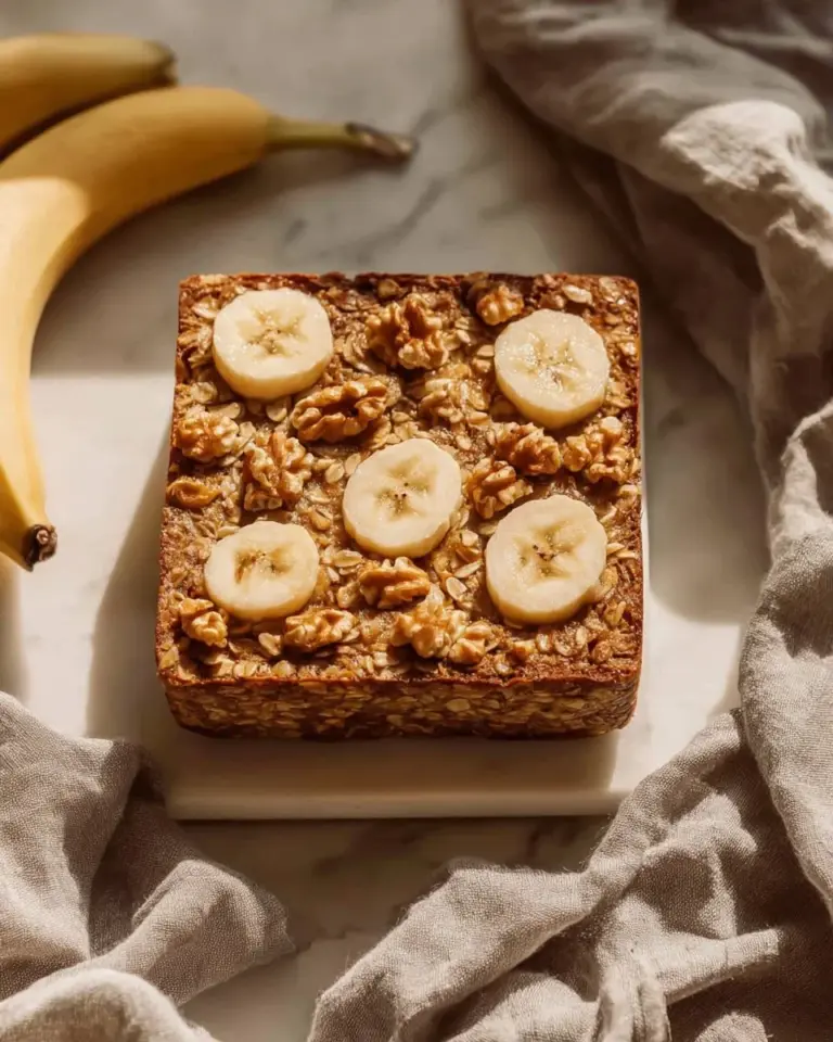 Banana bread baked oats with fresh bananas and nuts in a bowl