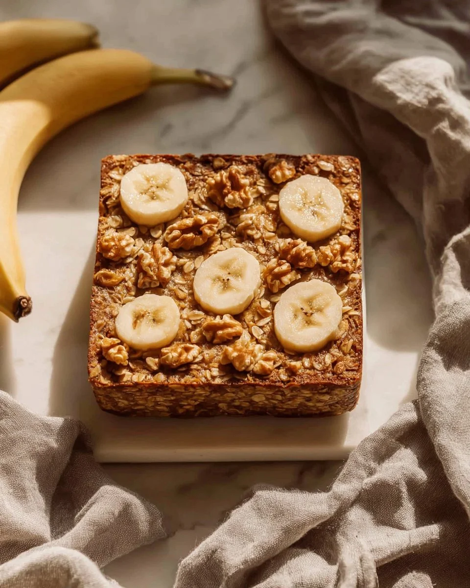 Banana bread baked oats with fresh bananas and nuts in a bowl