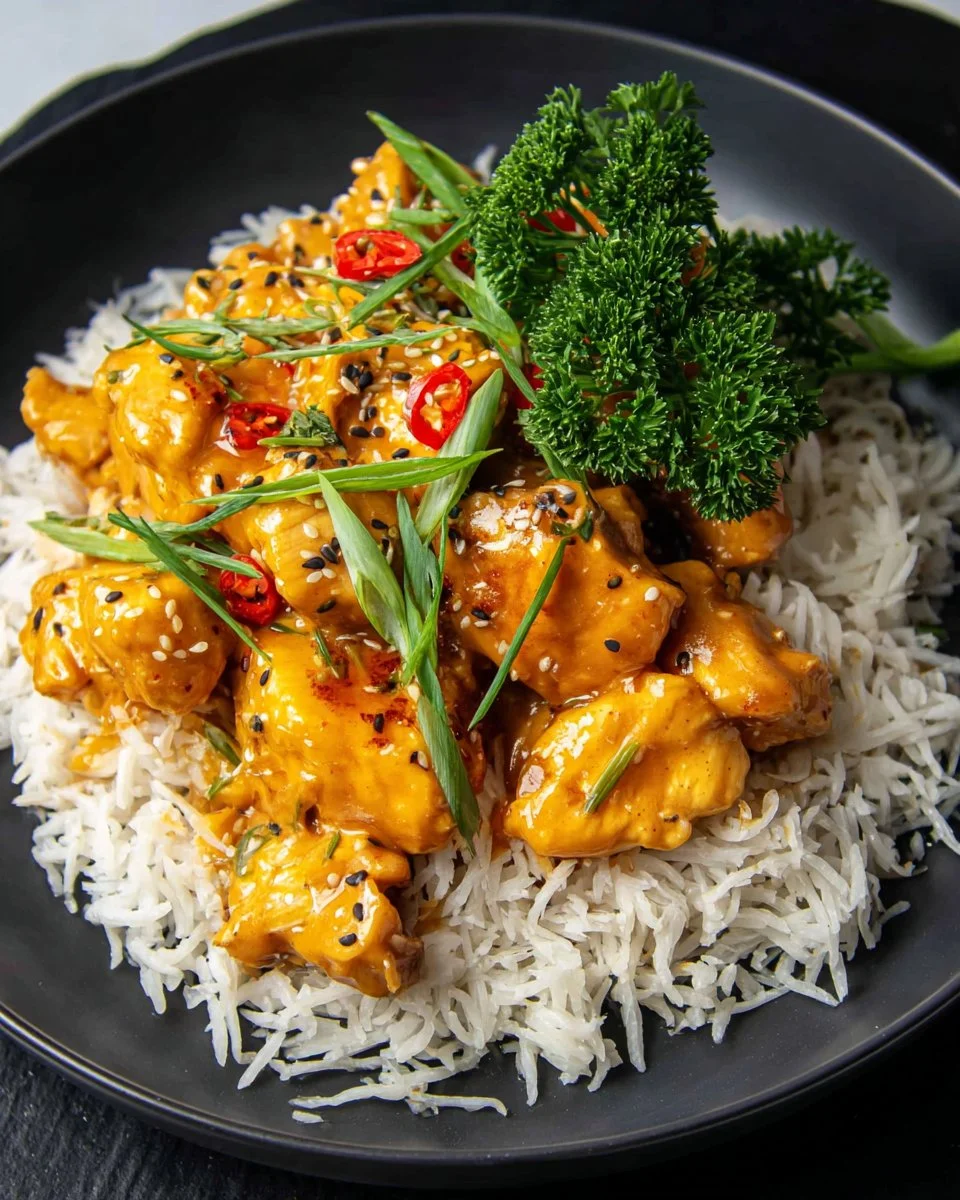 Plate of spicy Bang Bang Chicken garnished with green onions