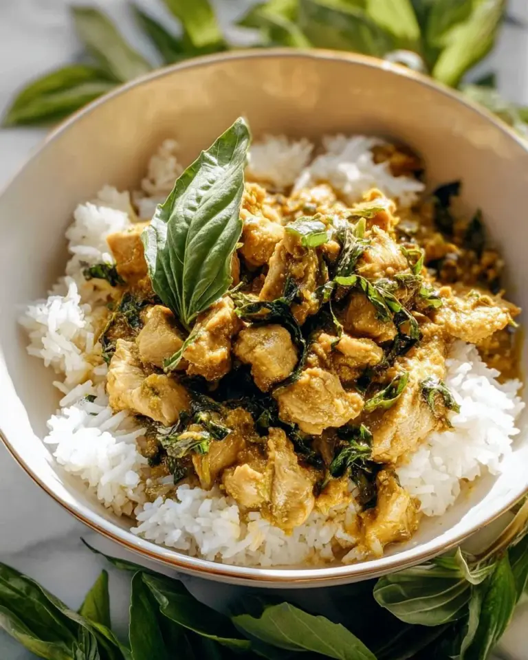 Basil Chicken with Coconut Curry Sauce on a plate garnished with fresh herbs