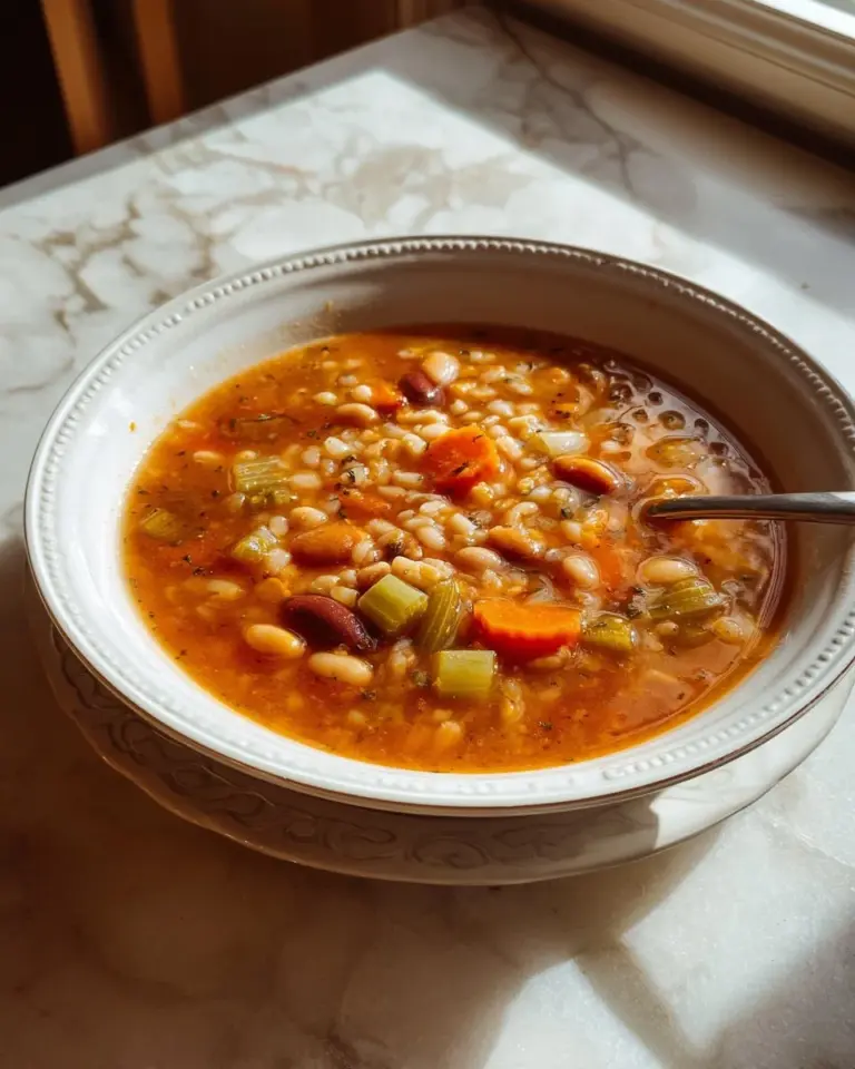 Bowl of delicious bean soup garnished with herbs