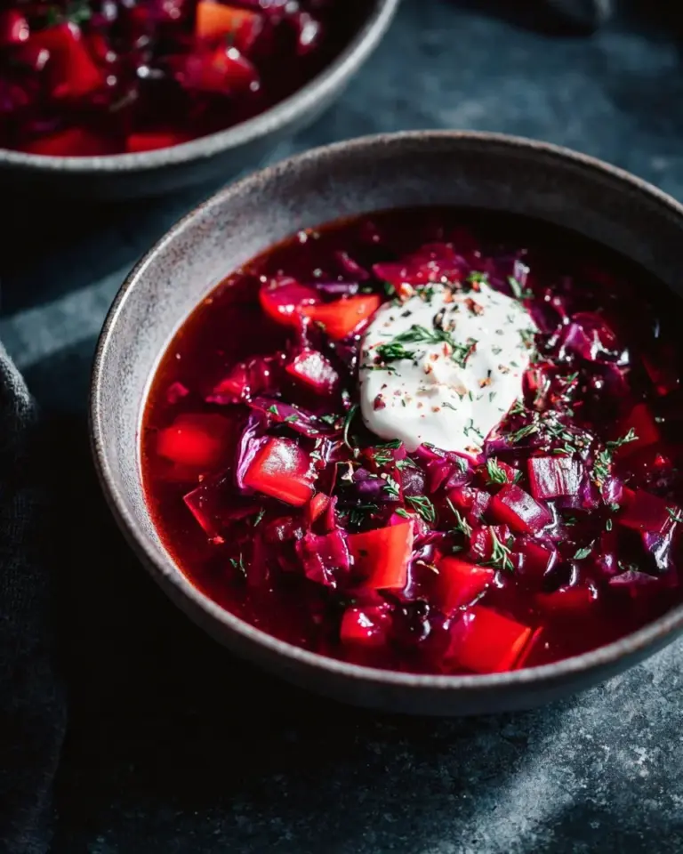 Bowl of beetroot soup with lentils garnished with herbs