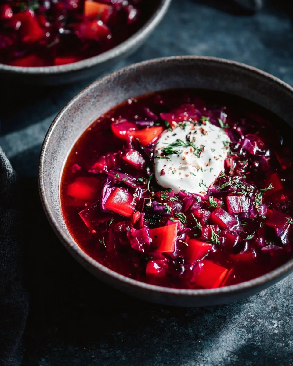 Bowl of beetroot soup with lentils garnished with herbs
