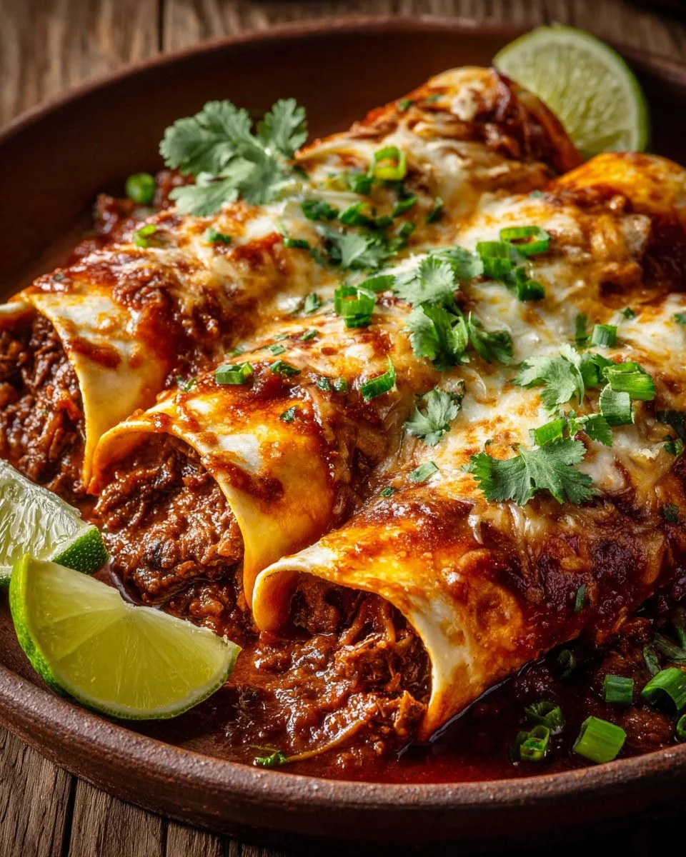 A plate of Birria Enchiladas topped with fresh cilantro and onion.