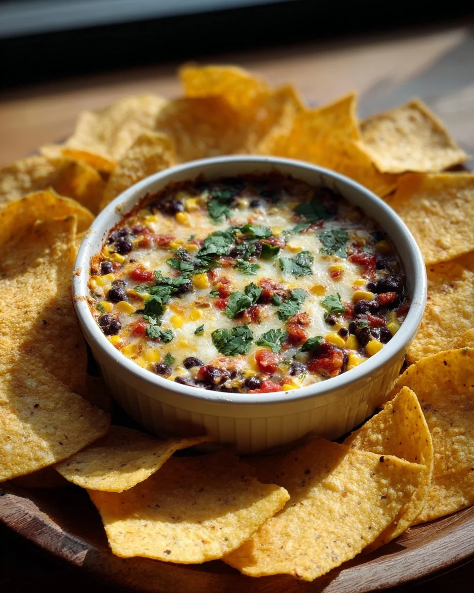 Delicious black bean and corn dip served in a bowl with tortilla chips
