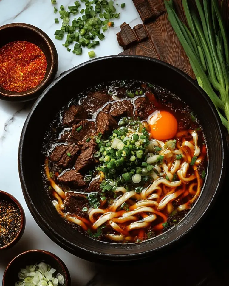 A bowl of Black Pepper Beef Udon Noodles topped with tender beef and fresh vegetables