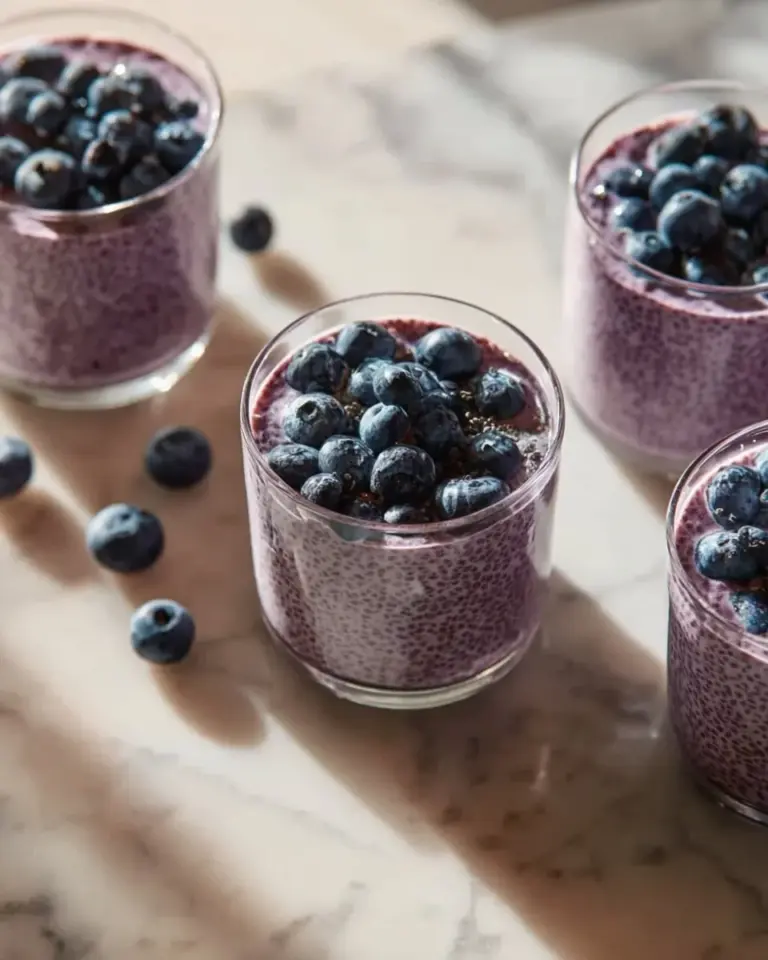 Delicious blueberry chia seed pudding topped with fresh blueberries and mint