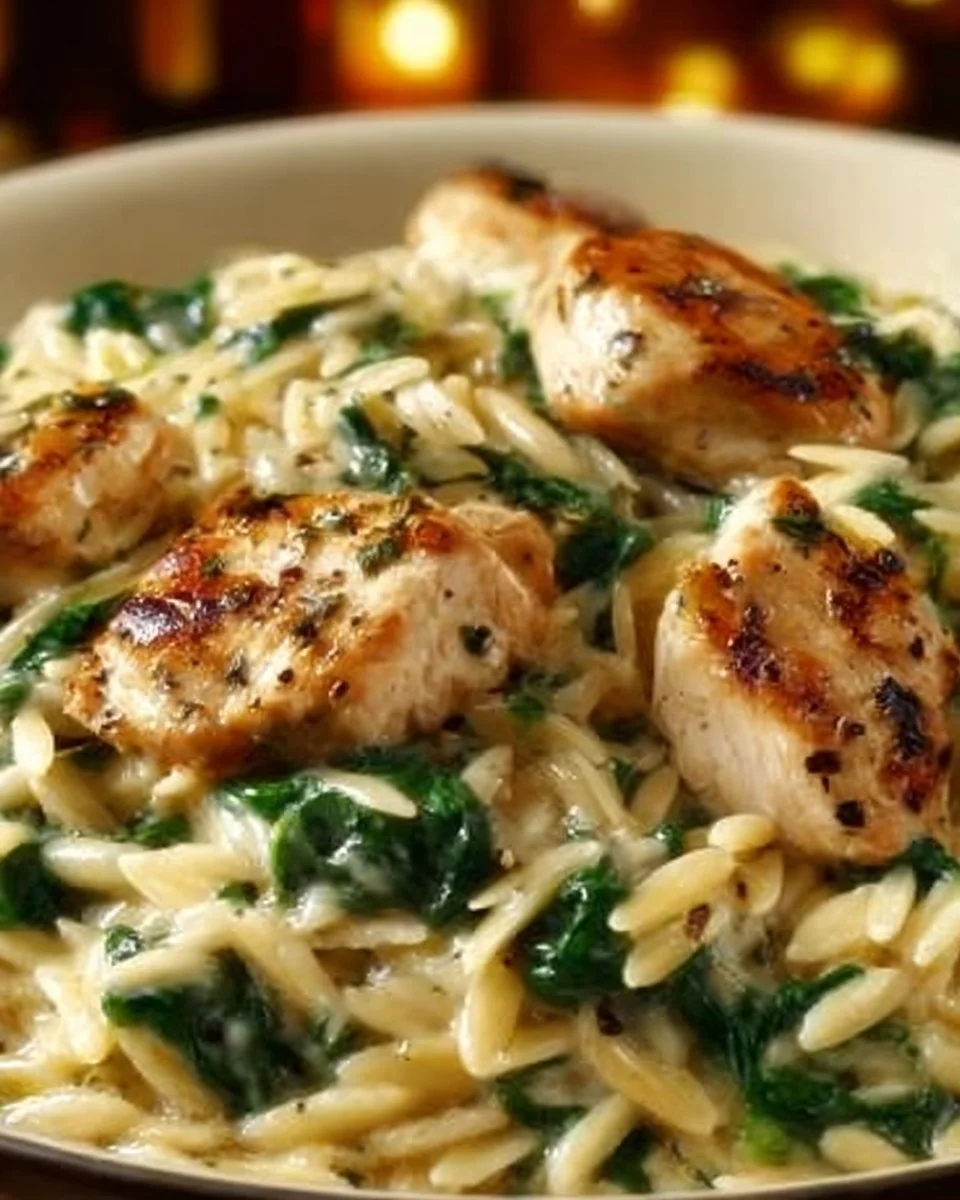 Boursin Orzo with Chicken garnished with herbs on a plate