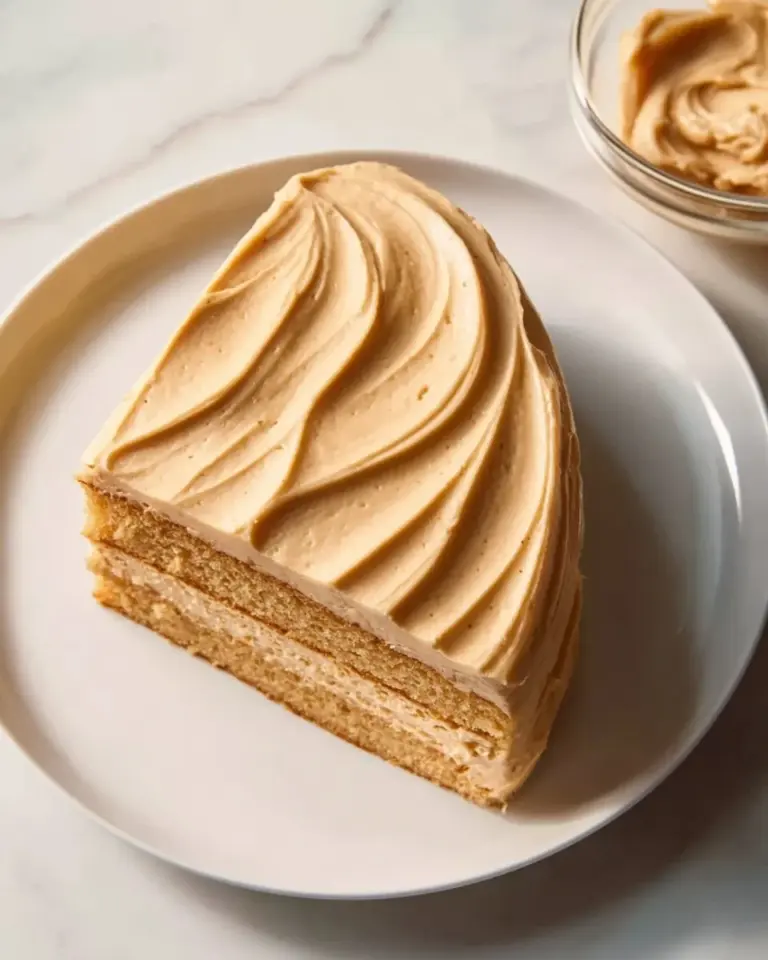 Delicious brown butter frosting on a vanilla cake