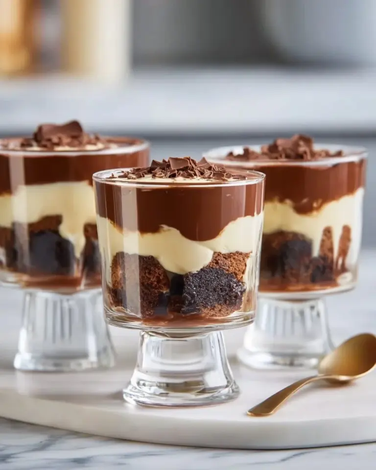 Decadent brownie trifle with layers of brownies, pudding, and whipped cream