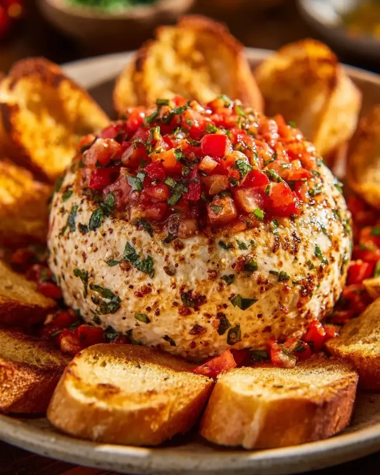 Bruschetta Cheese Ball served with crispy bread slices